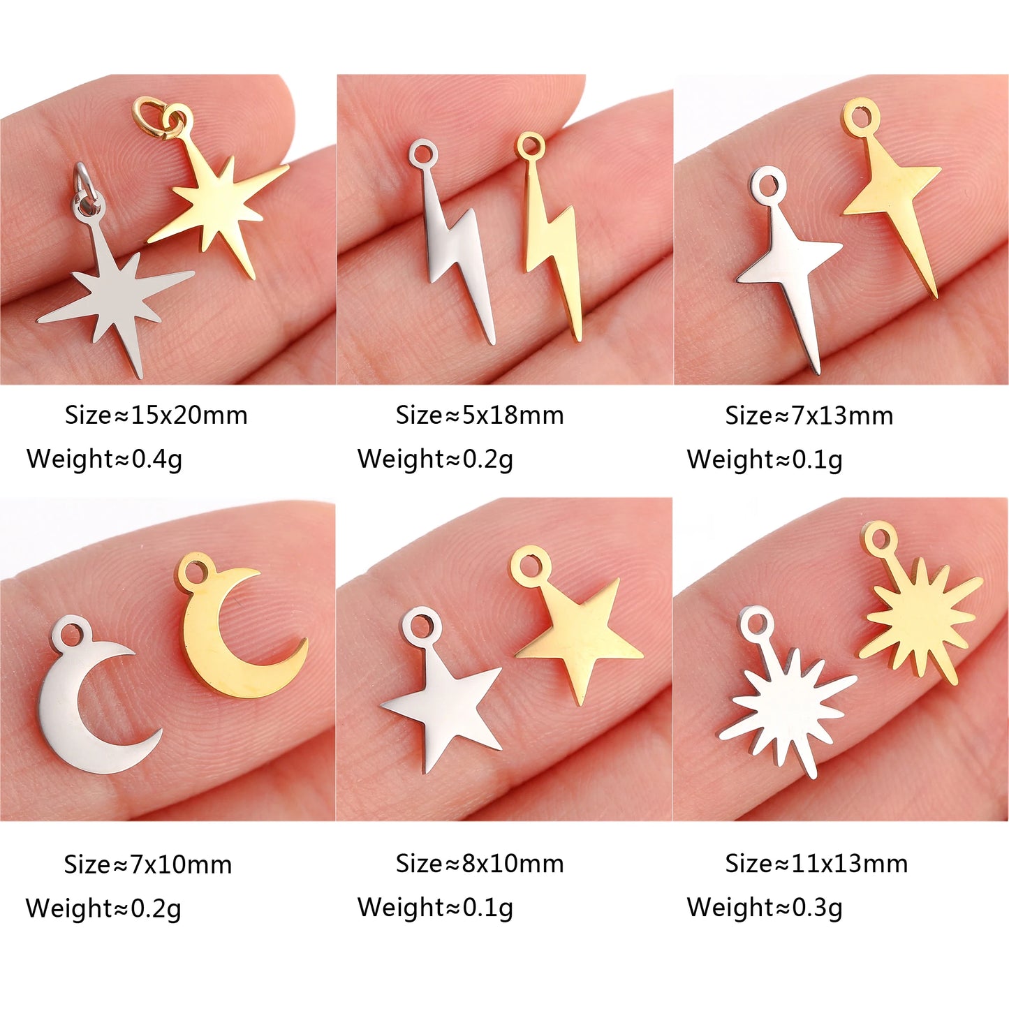 5PCS/Lot Celestial Mini Star Charms Stainless Steel Pentagram/Astral/Meteor/Moon Pendant DIY for Earring Bracelet Jewelry Making