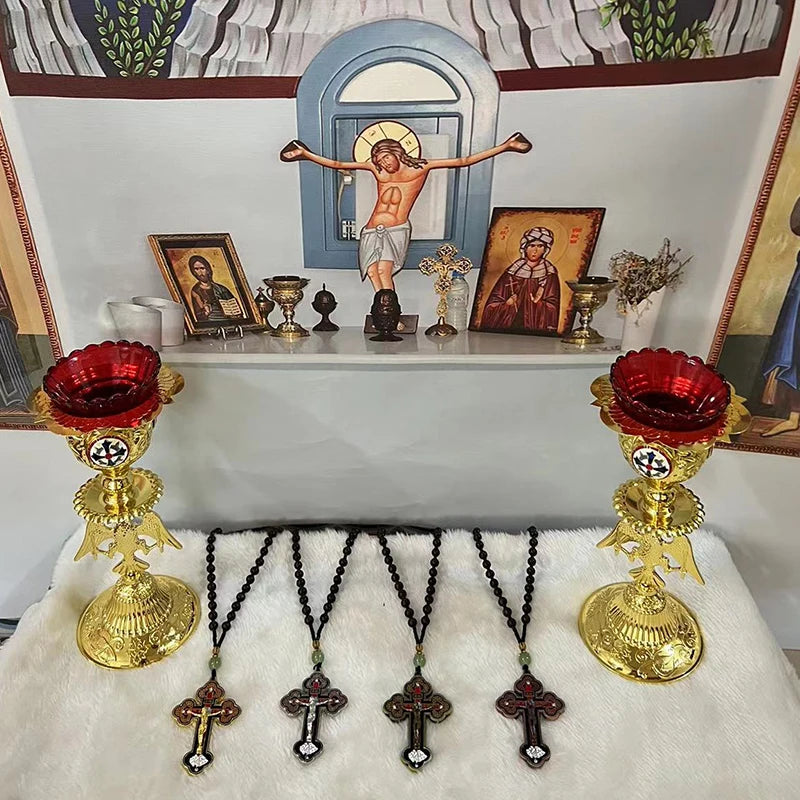 HTISOK Orthodox Crucifix Gold Cross Necklace Wooden Rosary Beaded Chain Religious Jesus Prayer Jewelry