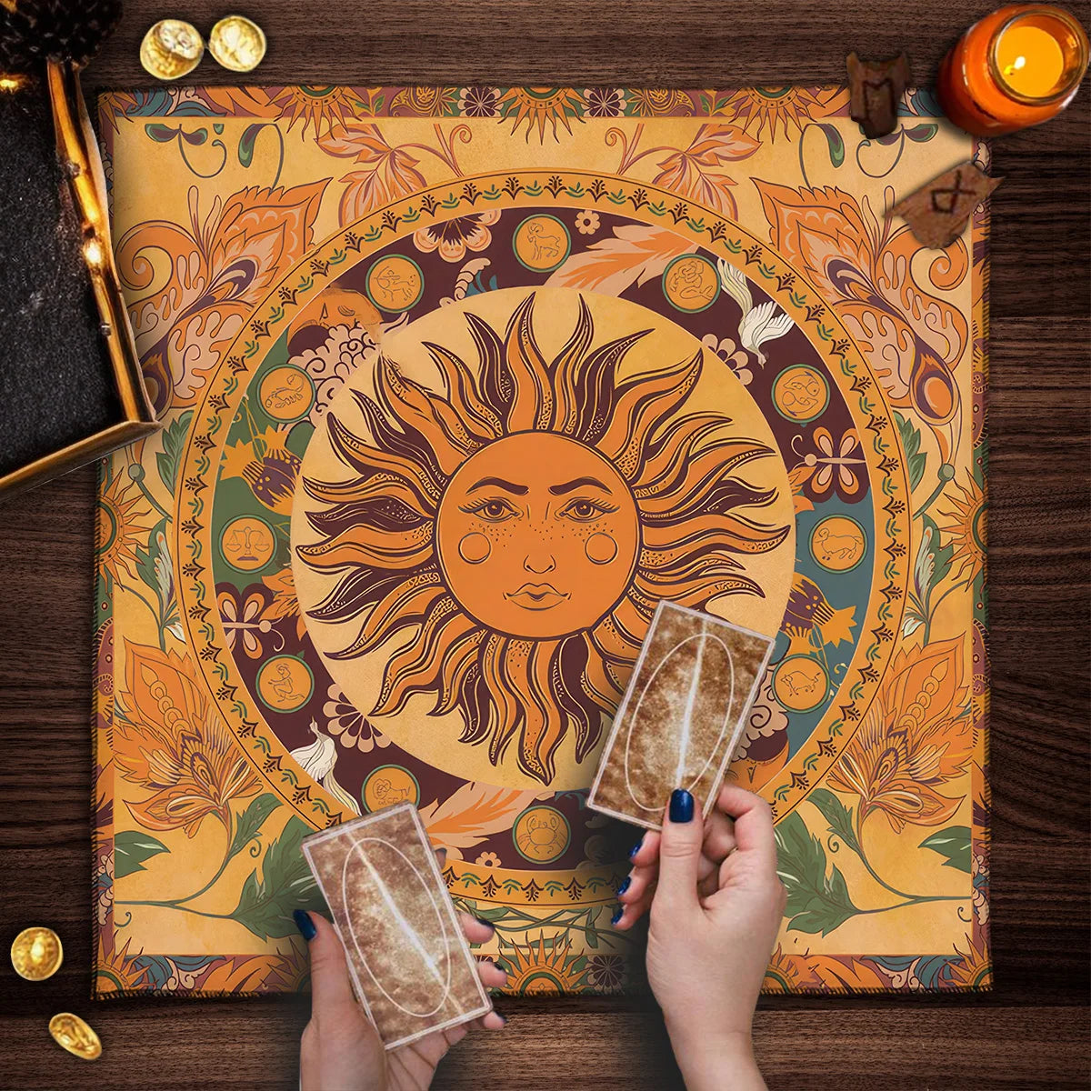 Floral And Sun Tarot Card Tablecloth Altar Cloth Flower Life Spread Tarot Reading Cloth Spiritual Oracle Card Pad