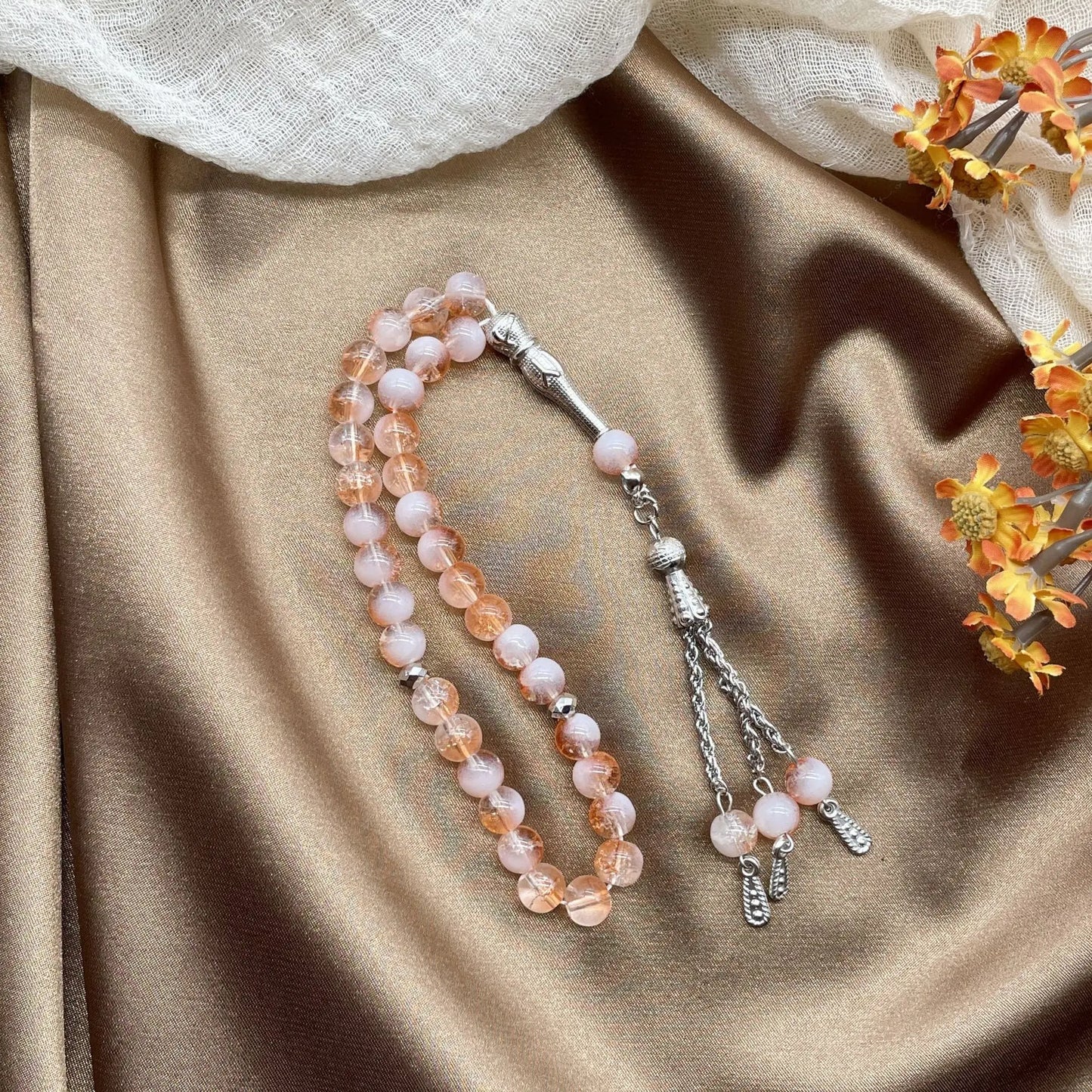 New 33 Beads 8mm Cracked Glass Tasbih, Muslim Prayer Beads for Daily Worship, Ramadan Holiday Gift for Women