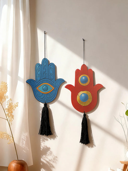 1pc Hamsa Hand Wall Hanging Decor, Blue & Red Evil Eye Tassel Ornaments, Boho Home Decor Pendant, Living Room & Gift Decoration