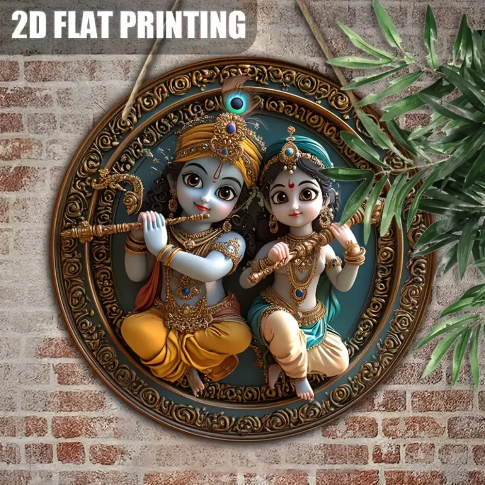 Krisha Creations12 Inch Round Krishna Radha Wooden Wall Hanger Religious Hindu God Gift Spiritual Home Decor for Door Pooja Room