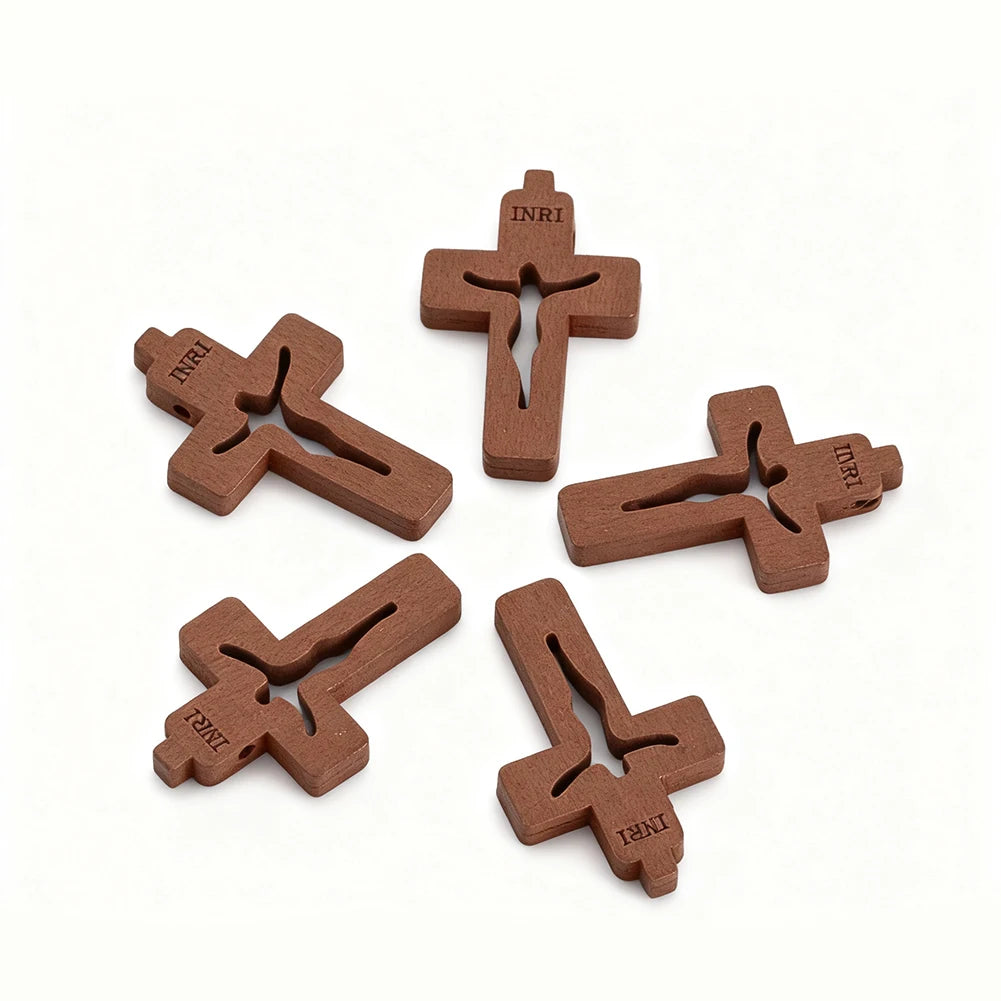 10pcs Mini Wooden Crosses Pendants INRI Jesus Crucifix Prayer Cross Christian Easter Decor Baptism Gift DIY Jewelry Keychain