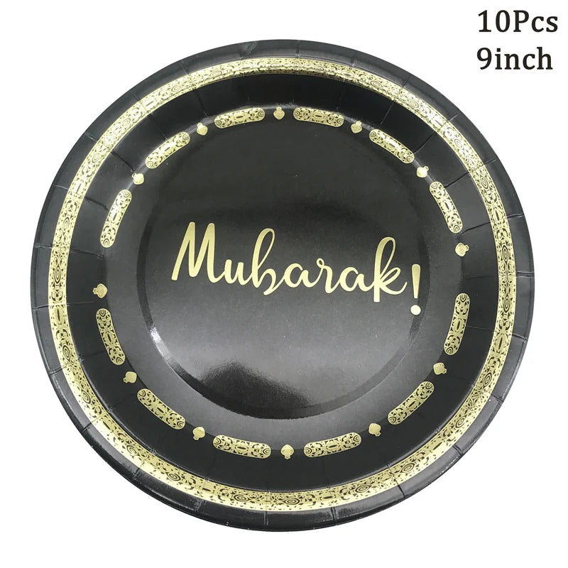 Black Gold Umrah Mubarak Disposable Paper Plates Cups Napkins Banner Home Eid Mubarak Islamic Muslim Party Ramadan Table Supplie
