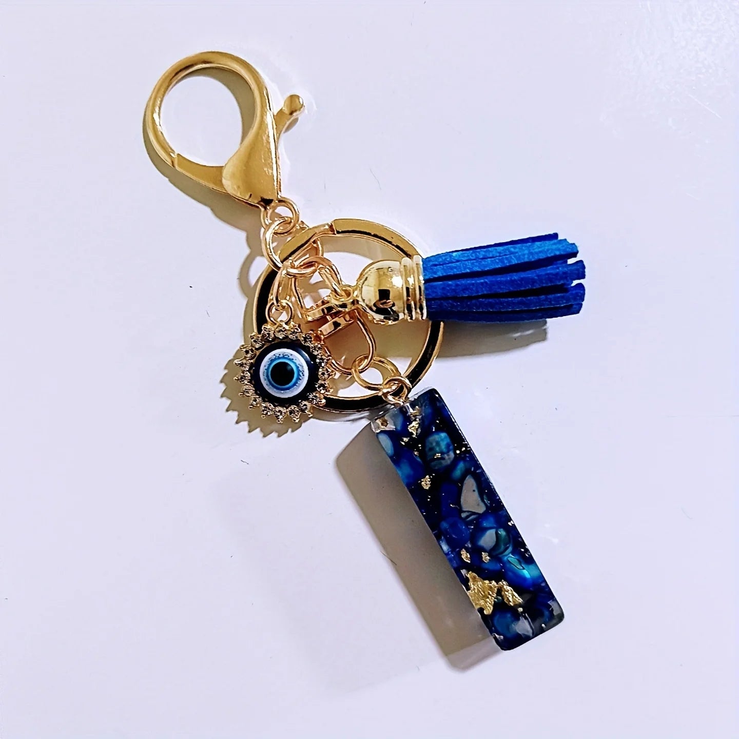 Blue Resin Initial Keychain - Evil Eye Letter Charm with Rhinestones & Tassel, Stylish Gift for Women, Lobster Clasp Accessory