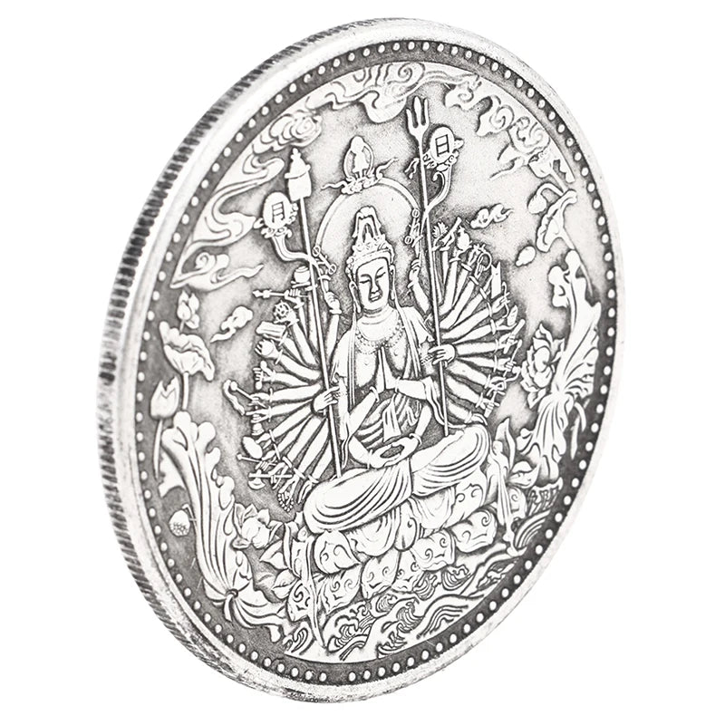 Retro Silver Ancient Coins Buddhist Thousand Hand Guanyin Heart Sutra Buddha Collection Commemorative Coins Gift