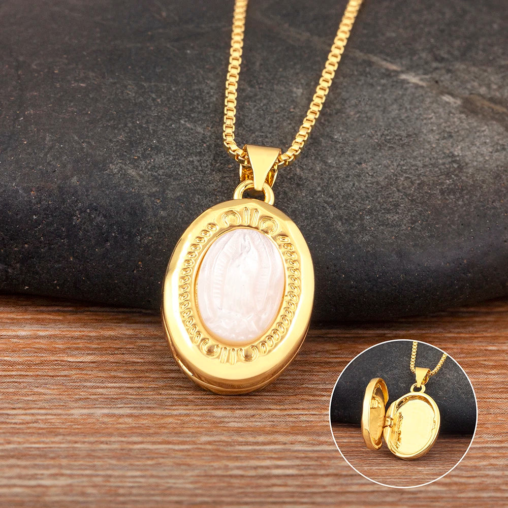 Nidin New Retro Oval/Round Shape Religious Style Zircon Flip Pendant Necklace For Female Male Lovers Photos Jewelry Accessories