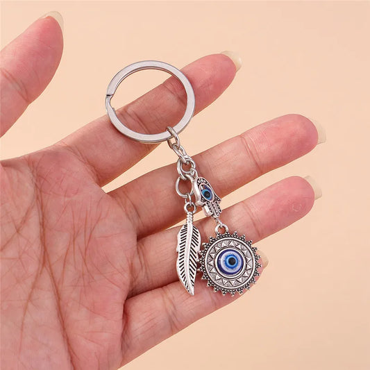 1Pc Bohemia Evil Eye Hamsa Hand Keychain for Women Men Blue Eye Sun Feather Key Ring Bag Pendant Car Key Holder Rings Wholesale