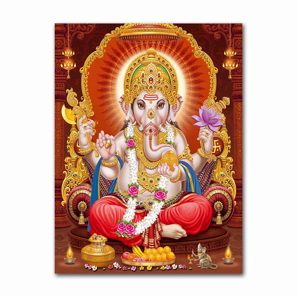 India Hindu Golden Ganesha Temple Poster Shiva Parvati Painting Canvas Prints Elephant God Religion Picture Room Hoom Wall Decor