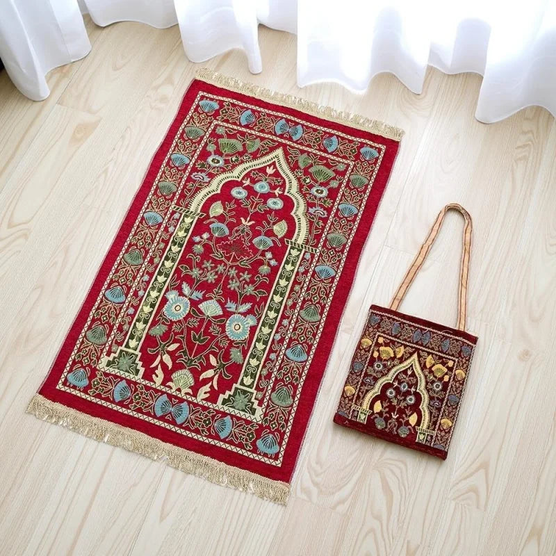 2pcs set Muslims Prayer Rugs With Bag Polyester Portable Blanket Islamic Mat with Tassels Travel Blanket Prayer Mat