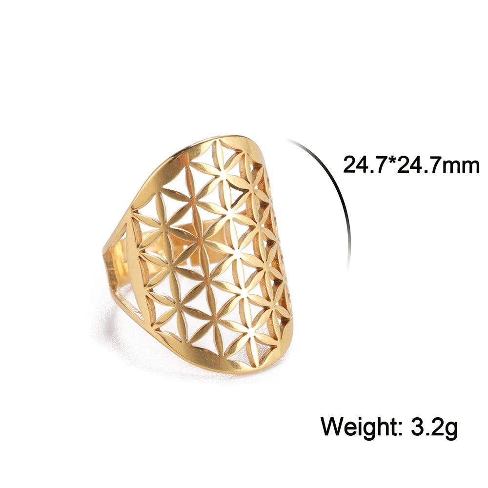 Unift Sacred Geometry Flower of Life Ring Adjustable Stainless Steel Ring Men Women Accessories Vintage Filigree Jewelry Gifts