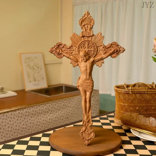 Vintage Cross Wood Carving Religious St. Benedict's Exorcism Catholic Prayer Home Decor