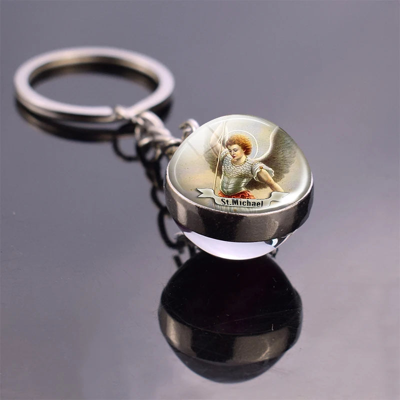 Religious Keychain St Francis Double Sided Key Chains Catholic Glass Ball Pendant Keyring Jewelry Keychain Jesus Christian Gifts