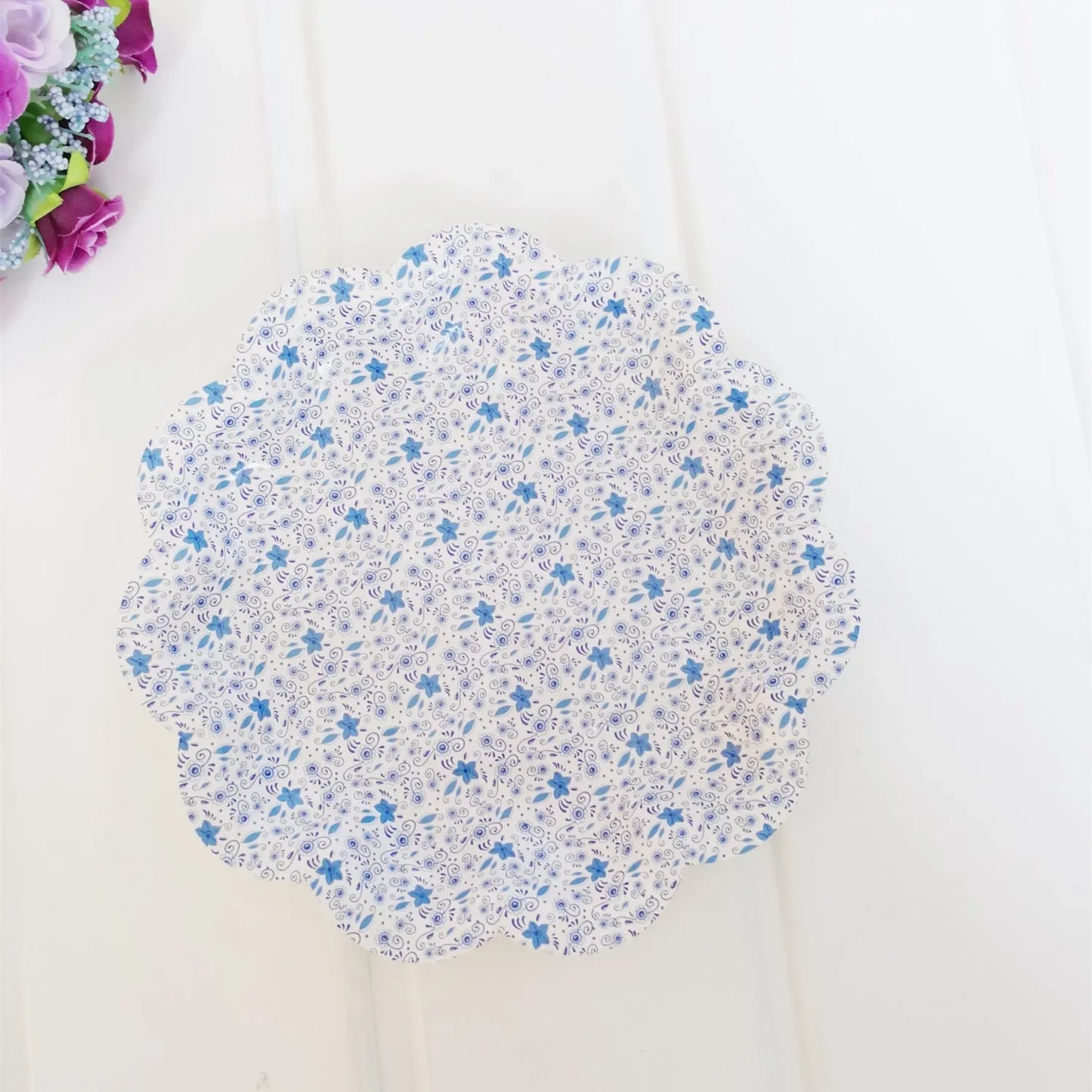 8pcs Chinese Blue White Porcelain Plate Party Decoration Plate Retro Wave Edge Plate Holiday Cake Plate Disposable Paper Plate