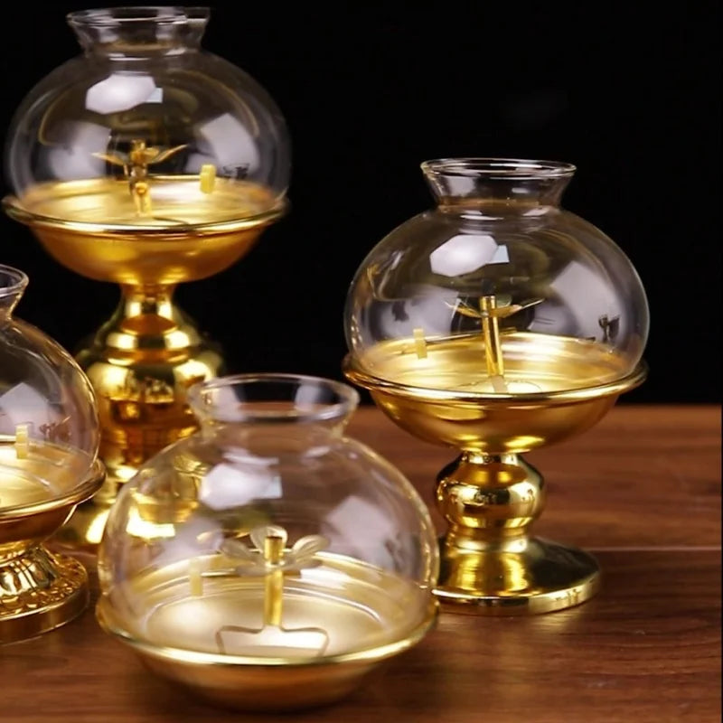 Golden Oil Lamp For Buddha With Glass Windproof Cover,Metal Buddhist Lantern Burner,Religious Candlestick Item