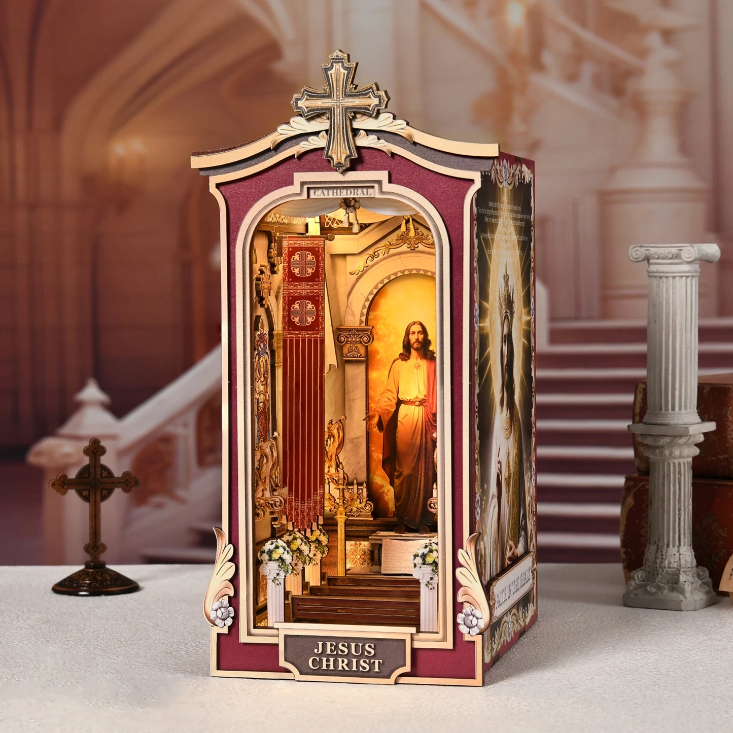 Book Nook Kit Christian DIY Wooden Puzzle Church of Jesus Bookshelf Dollhouse Model Bookend Building Easter Home Decoration