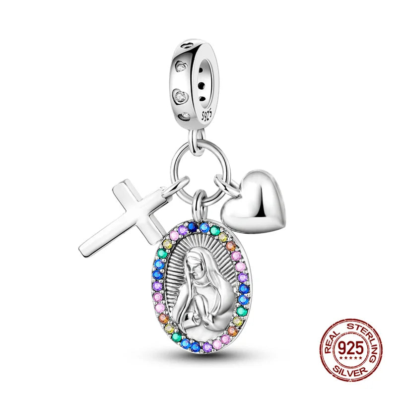 Charms Bead 925 Sterling Silver Virgin Mary Cross Pendant Bead Fit Original Bangle Bracelet DIY Fine Jewelry For Women Gift Hot