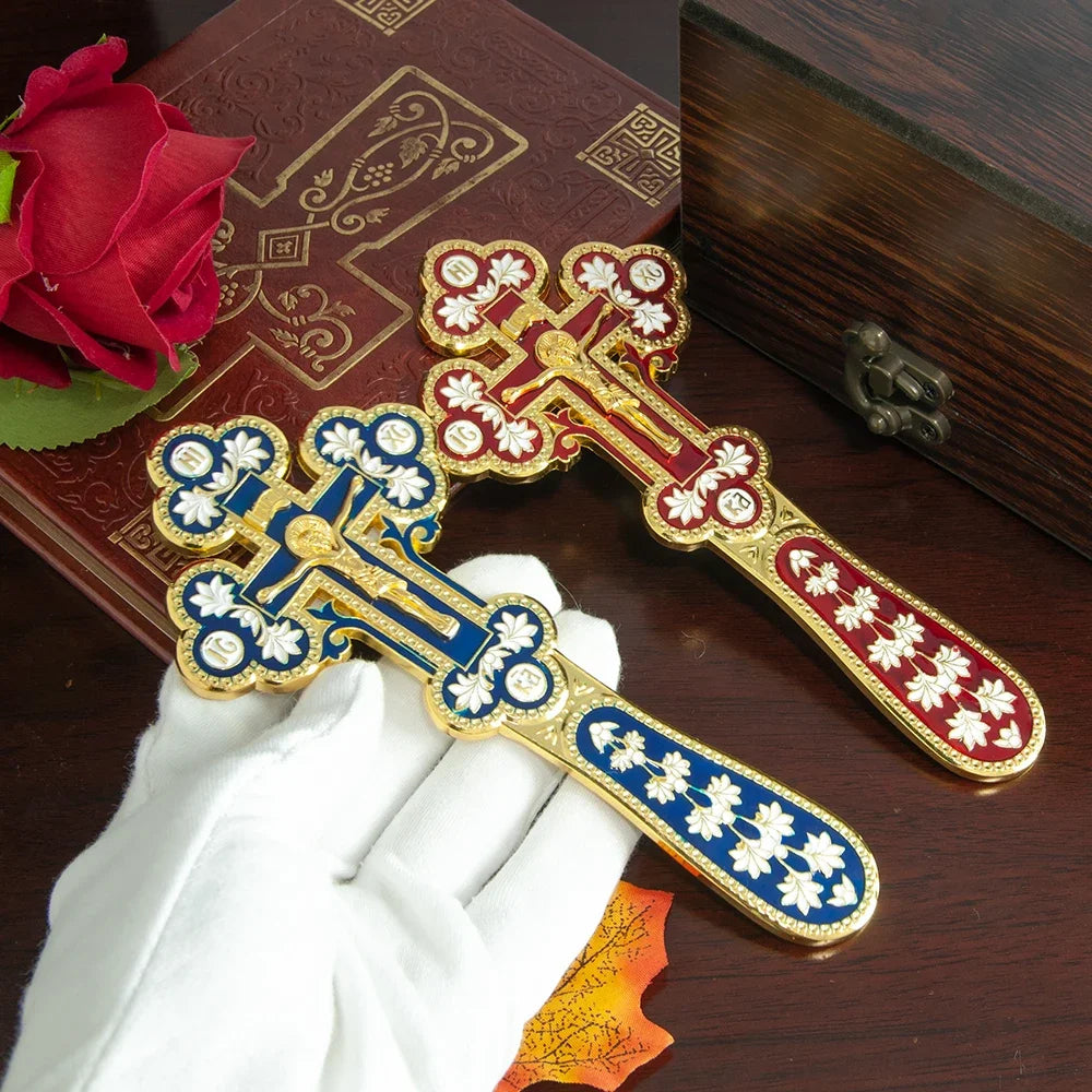 HTISOK Orthodox Blessing Handheld Church Cross Gold Plated Colorful Enamel Jesus icon Cross INRI Crucifix Single Face Jesus