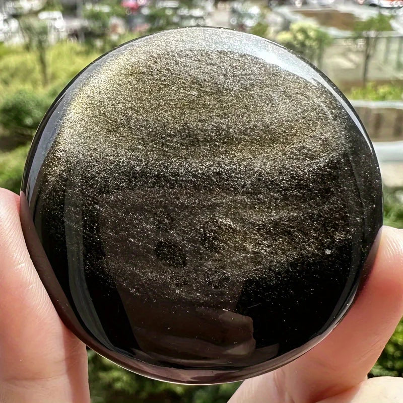 1pc Golden Obsidian Palm Stone - Round Polished Worry Stone with Black & Golden Veins, Home Decor, Collector's Display