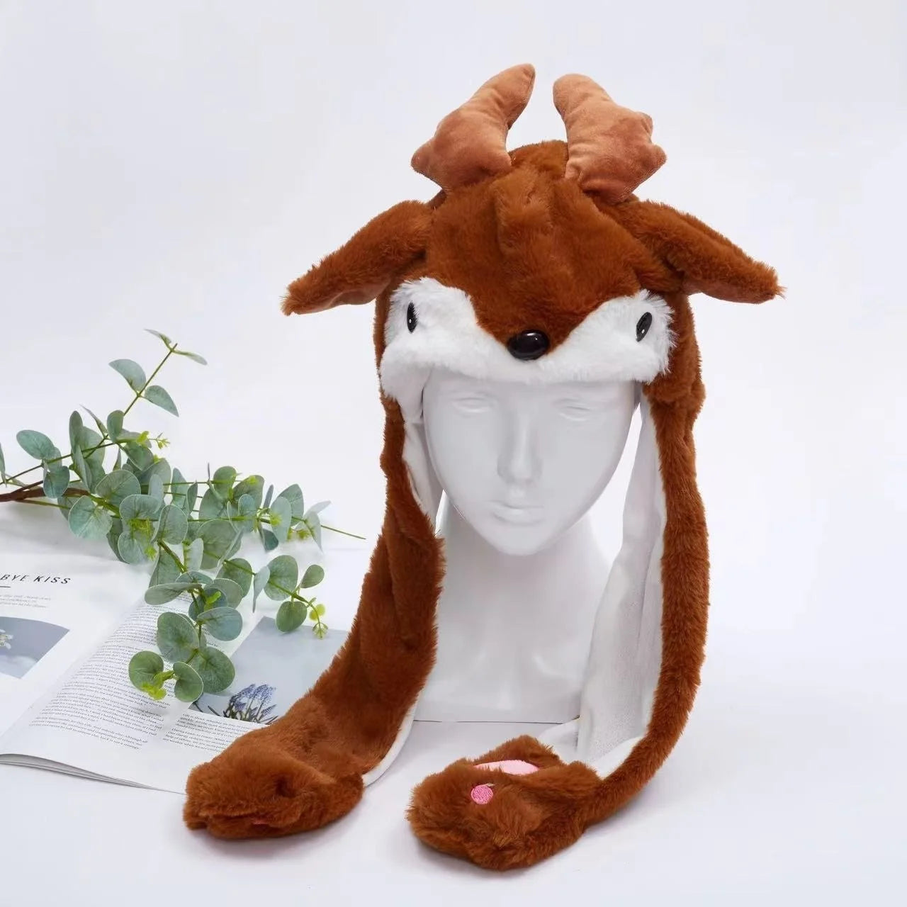 Plush Christmas Hat Interactive Game Windproof Elk Christmas Dress Up Doll Hat Cute Cartoon Santa Hat Ears Move Party Headdress