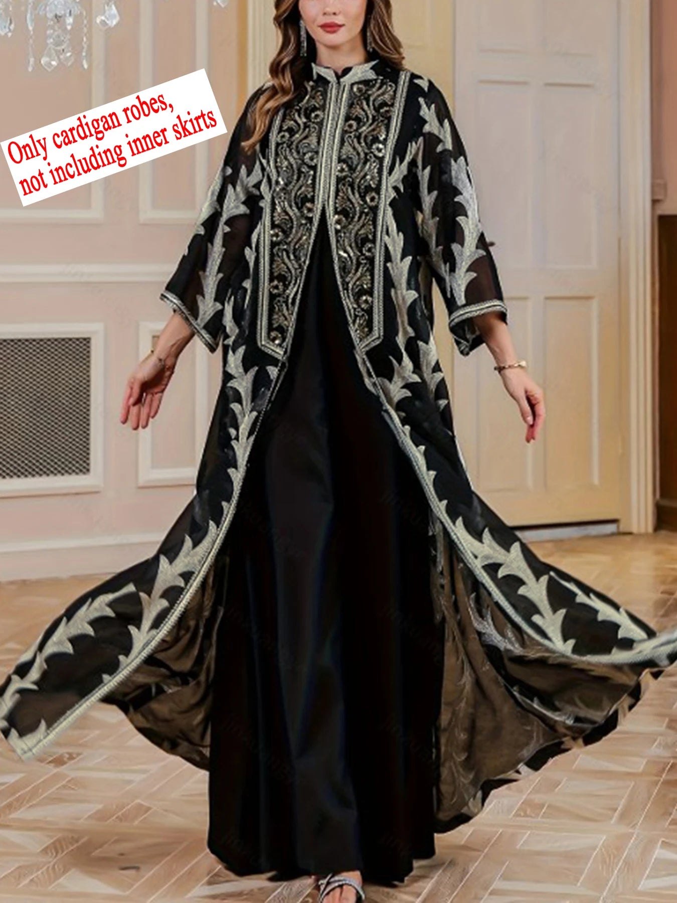 New Middle Eastern Women's Clothing: Elegant High-End Sequin Embroidered Black Robe, Loose and Comfortable for Commuting, Breathable Muslim Beach Vacation Cardigan, Mesh Cover-Up, Dubai Saudi Traditional Attire, Long-Sleeve S