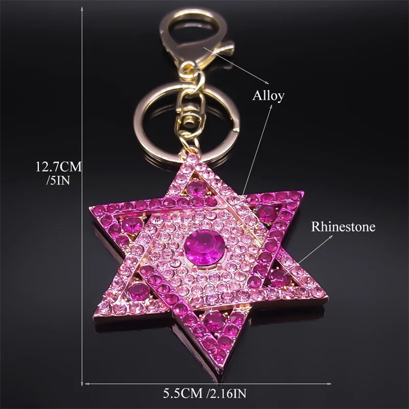 Hexagram Star of David Blessing  Keychain for Women Men Pink Rhinestone Gold Color Jewish Key Chains Jewelry chaveiro K9646S01