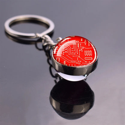 Circuit Board Pattern Keychains Double Sided Glass Ball Pendant Key Chains Computer Geek Keyring Creative Fashion Jewelry Gifts