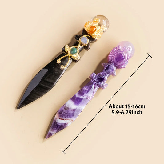 1PC Natural Crystal Athame Model Hand Carved Obsidian Chevron Amethyst Crystal Knife Witchcraft Altar Decor