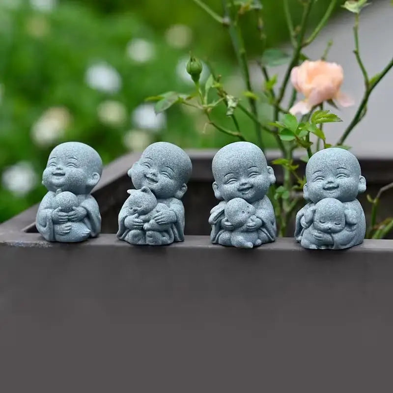 §Embracing Animal Monk Statue, Resin, Stone Zen Garden Decoration, Serene Smiling Sculpture