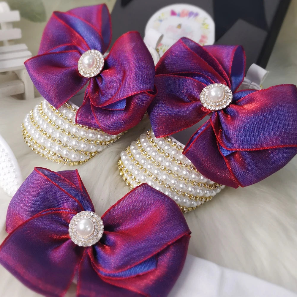 Dollbling Handmade White Pearls Bling Rhinestone Baby Crib Shoes Christening Outfit Wedding Sparkle Organza Baptism 0-3m Shoes