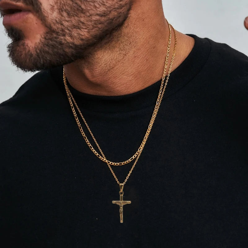 Jesus Cross 18k Gold Plated Stainless Steel Pendant Necklace For Men Unisex Religious Waterproof  Jewelry Accessories
