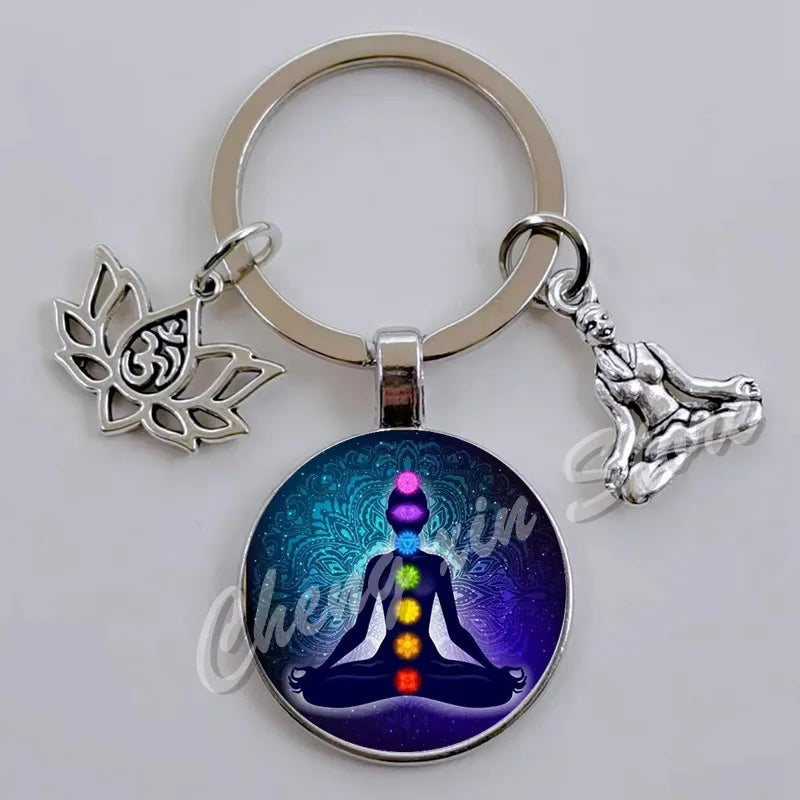 Indian Buddha Meditation 7 Chakra Mandala Psychedelic Yoga Glass Cabochon Keychain Ornament