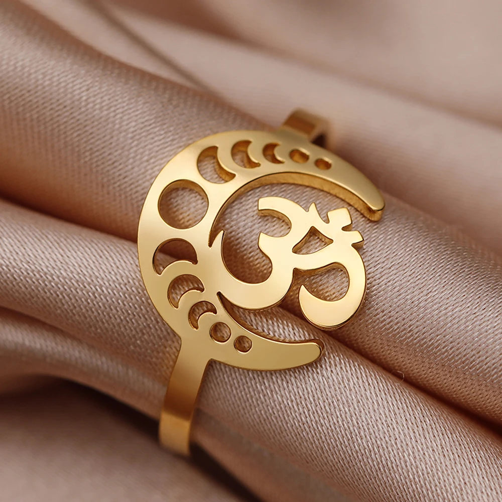 Dawapara Buddhism Spiritual OM Ohm Symbol Adjustable Ring Spiral Sacred Geometry Finger Ring Stainless Steel Jewelry