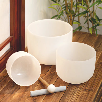 KVKA 10"E 8"G 6"B 432hz 440hz Frosted Quartz Crystal Singing Bowl Chakra Set of 3 pcs for Yoga Sound Healing Musical Meditation