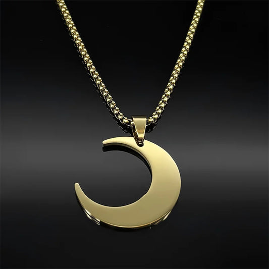 Crescent Moon Islamic Muslim Pendant Necklace for Women Men Stainless Steel Gold Color Arabic Quran Chain Amulet Jewelry Gift
