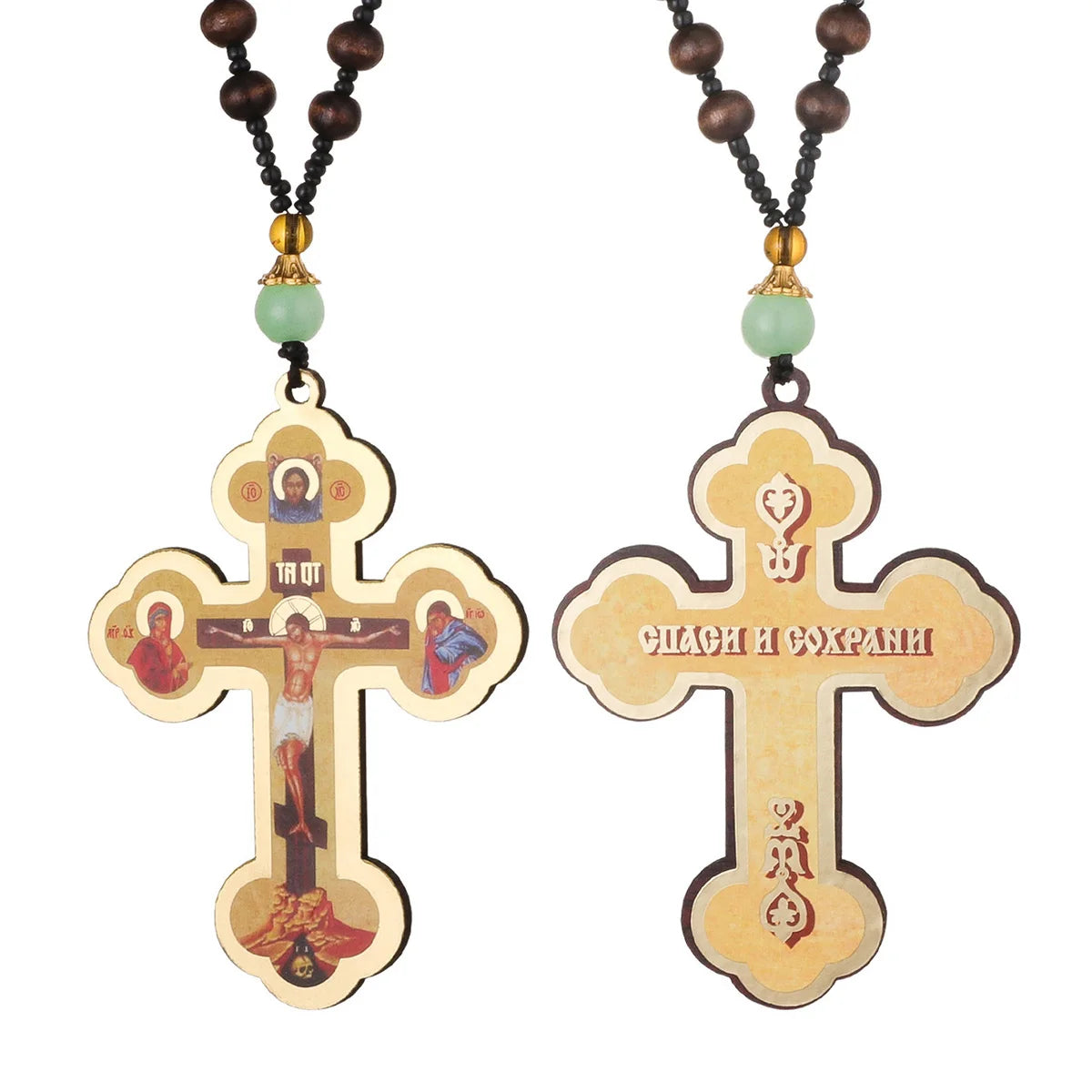 Diyalo Crucifix Jesus Christ Cross Icons Pendant Necklace Orthodox Wooden Beaded Chain Necklace Prayer Car Hanging Decor Jewelry