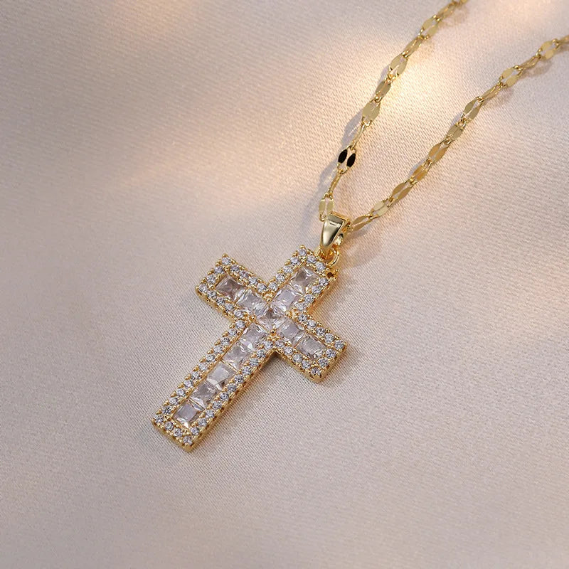 Stainless Steel Sparking Women Cross Necklaces, Gold Color Metal Cross Pendant, Bling CZ Stones Christ Religious Prayer Collar