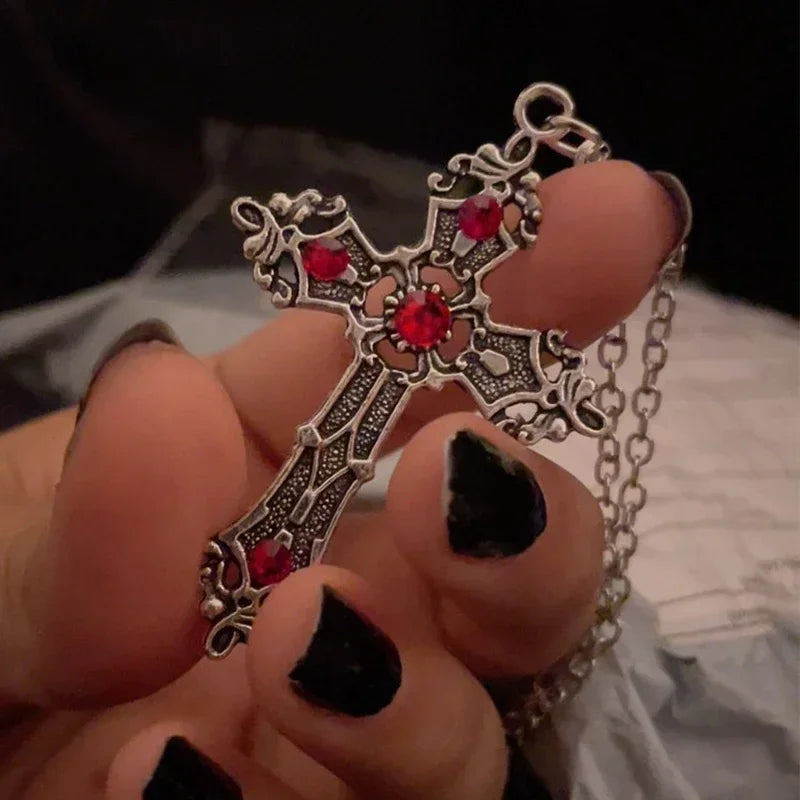 Y2K Punk Crystal Big Cross Pendant Necklaces for Women Men Gothic Irregular Cross Clavicle Chain Necklaces Aesthetic Jewelry