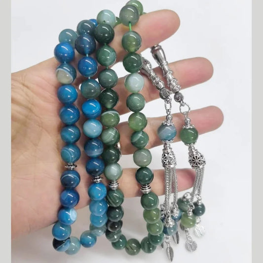 33pcs10mm blue agate beads natural stone material Muslim rosary daily bracelet TASBIH, Middle East high-end worship prayer brace