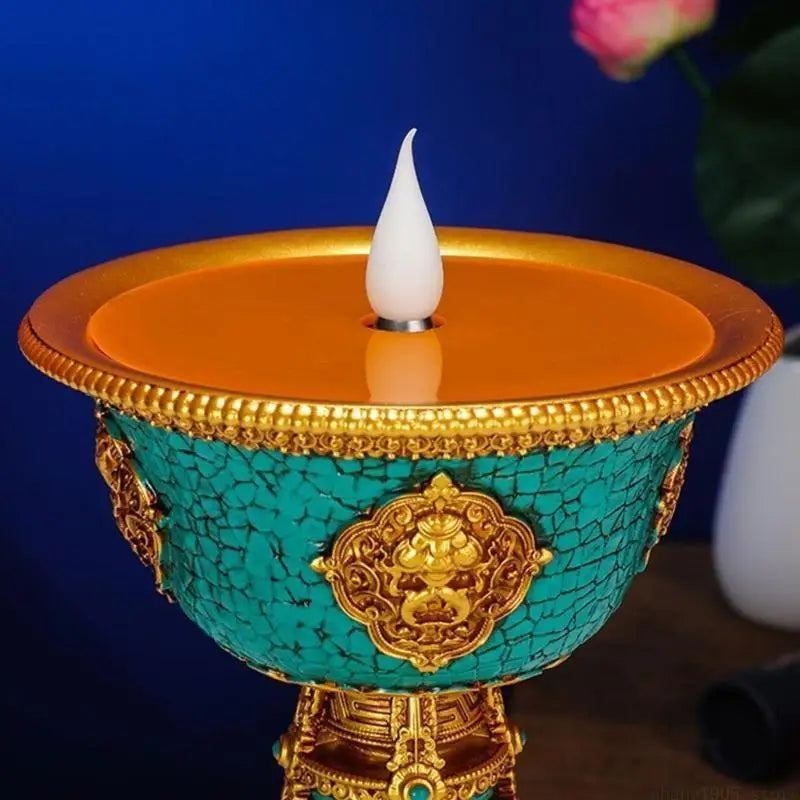 QX2E Tibetan Candlestick Smokeless Electronic Butter Lamp Rechargeable Holder Altars Light Buddhist Desktop Ornament