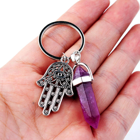 1Pc Natural Stone Crystal Points Keychain with Hamsa Hand Evil Eye Charms Reiki Energy Good Luck Amulet for DIY Jewelry Making