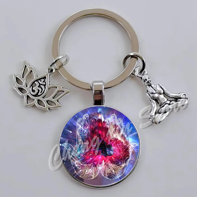Indian Buddha Meditation 7 Chakra Mandala Psychedelic Yoga Glass Cabochon Keychain Ornament