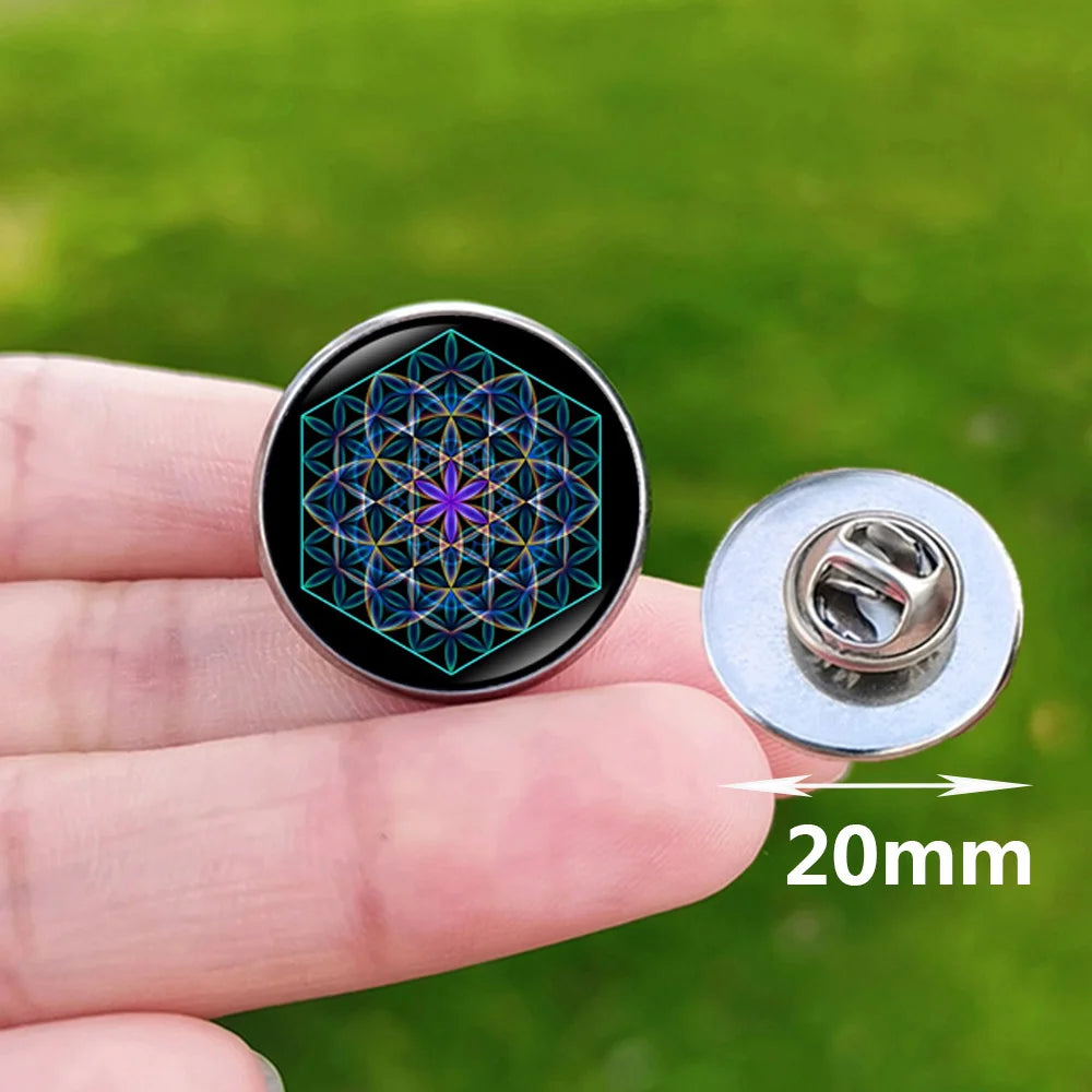Metatron Cube Stainless Steel Pin Badge Sri Yantra Sacred Geometry Glass Brooch for Men Women Bag Decoration