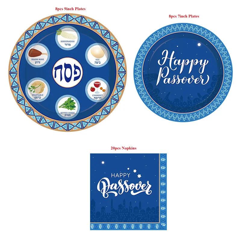 Passover Decorations Happy Passover Tableware Set Napkins 7/9 inch Plates Jewish Festival Disposable Seder Plates or Passover
