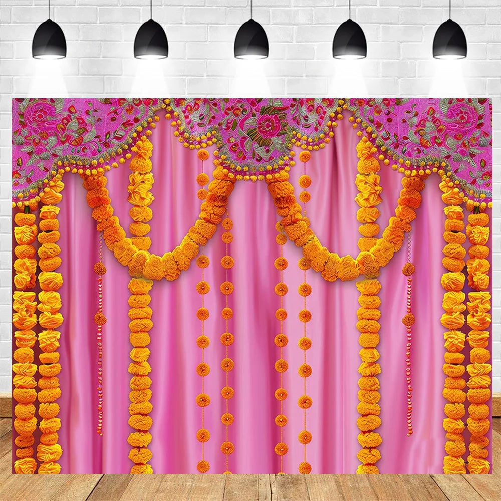 Indian Traditional Photography Background Marigold Green Leaf Hindu Indian Wedding Holi Flowers Garland Anniversary Backdrops