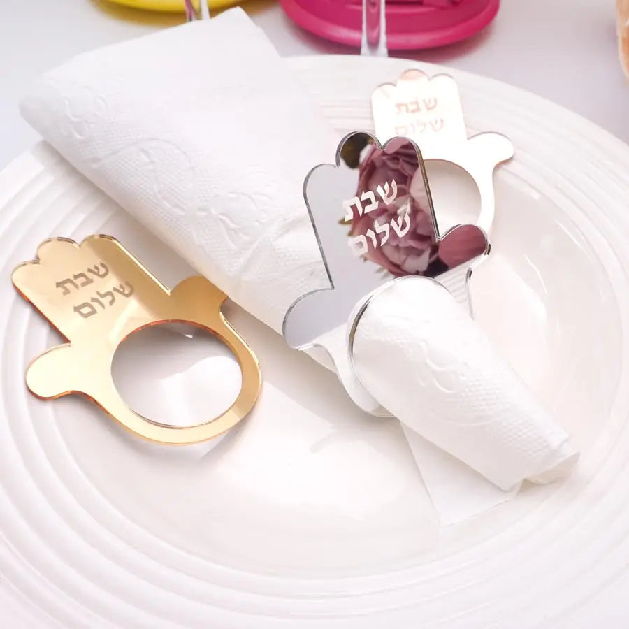 Jewish Hamsa Shabbat Shalom Napkin Rings Mirror Acrylic Table Decoration for Sabbath Dinner
