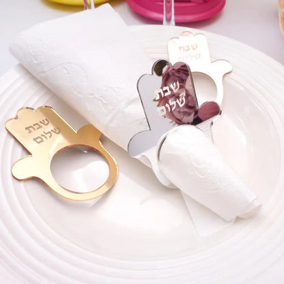 Jewish Hamsa Shabbat Shalom Napkin Rings Mirror Acrylic Table Decoration for Sabbath Dinner