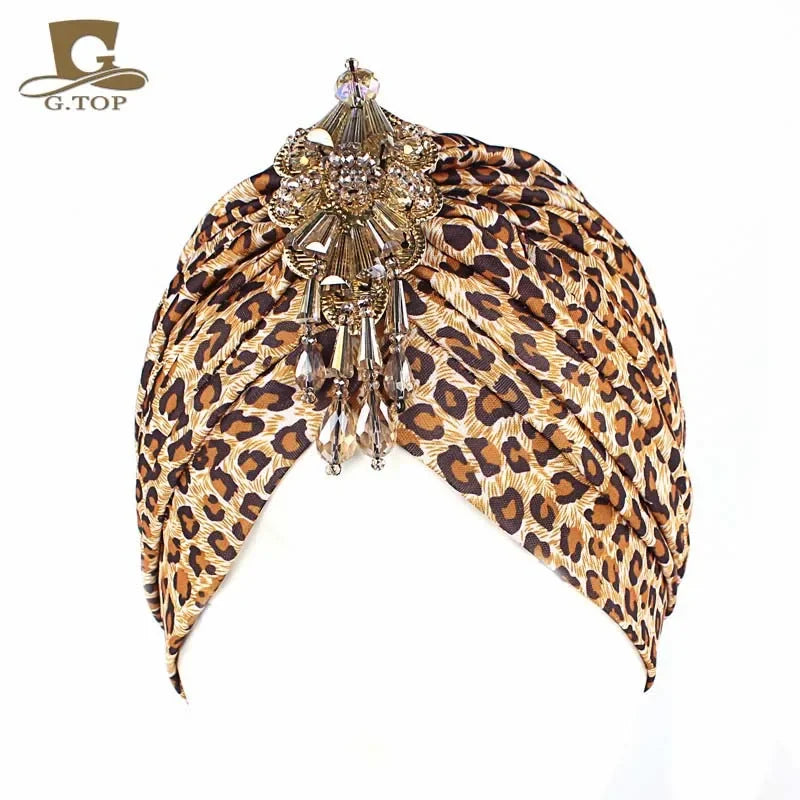 NEW Luxury Divas Stretchable turban Head wrap hat with beaded pendant women Headwear