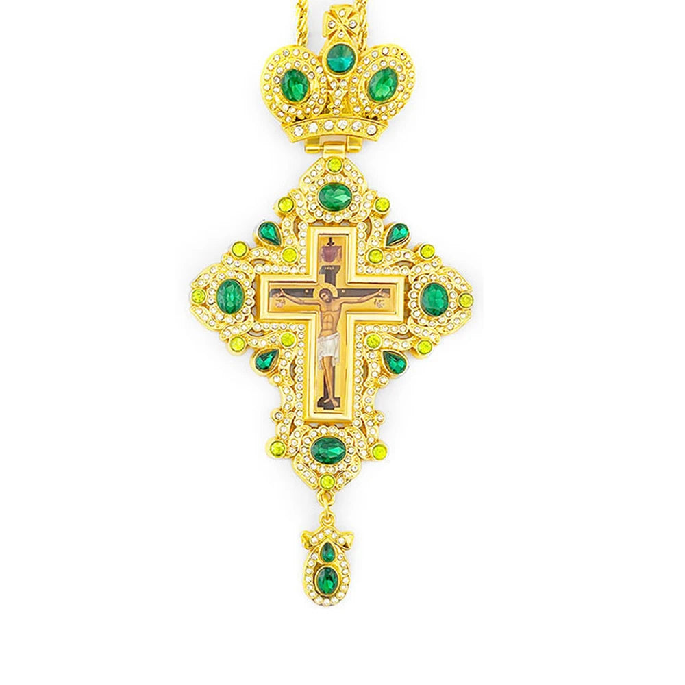 Gold Plated Catholic Orthodox Pectoral Cross with Red Green Gems and Jesus Icon Enamel for Clergy Church Liturgy Devotion Gift