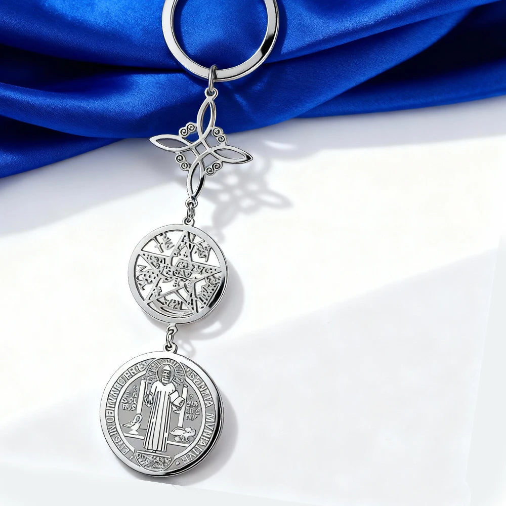 Triple Protection Pendant Keychain with Witch Knot and St Benedict Exorcism Medal Pentagram Tetragrammaton Keyring Amulet